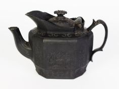 PROBABLY CHETHAM AND WOOLLEY, LANE END (1796-1810) BLACK BASALT HEXAGONALLY PANELLED TEAPOT, the