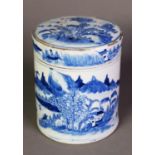 LATE EIGHTEENTH CENTURY CHINES BLUE AND WHITE TEA CANISTER AND COVER, of cylindrical form with