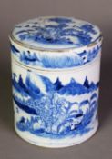 LATE EIGHTEENTH CENTURY CHINES BLUE AND WHITE TEA CANISTER AND COVER, of cylindrical form with