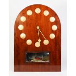 MID-TWENTIETH CENTURY MAHOGANY WALL CLOCK, with gold dot hours and rocking ship pendulum 22 ¼” (56.5