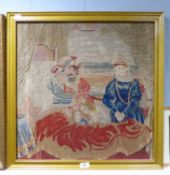 19TH CENTURY PICTORIAL NEEDLEWORK TAPESTRY, FIGURAL GROUP ROUND A BED