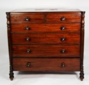 GEORGE III CARVED MAHOGANY CHEST OF DRAWERS, the moulded oblong top above two short and four long,