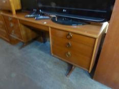 TEAK EFFECT LONG KNEEHOLE DRESSING TABLE, HAVING SEVEN DRAWERS AND FULL LENGTH MIRROR AND MATCHING