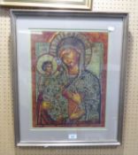 MODERN WOOLWORK PICTURE, heightened in gold coloured thread ‘Madonna and Child’ 17 ½” x 13 ½” (44.