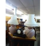 A PAIR OF LARGE INCISED LIGHT BROWN POTTERY SPHERICAL TABLE LAMPS AND SHADES