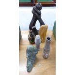 SOAPSTONE SCULPTURE OF AN EMBRACE, PLUS SIMILAR STUDIO POTTERY SCULPTURE, WOOD CARVED SEATED FIGURE,