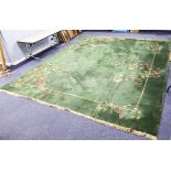 PRE-WAR WASHED CHINESE LARGE, EMERALD GREEN CARPET with a single white line delineating the