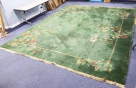 PRE-WAR WASHED CHINESE LARGE, EMERALD GREEN CARPET with a single white line delineating the