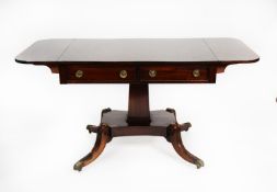 REGENCY MAHOGANY SOFA TABLE, of typical form with crossbanded top, square, tapering column and