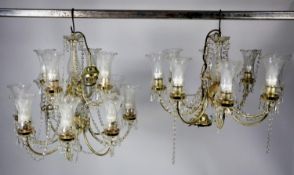 MODERN GILT METAL AND GLASS TWELVE BRANCH ELECTROLIER AND THE MATCHING EIGHT BRANCH ELECTROLIER,