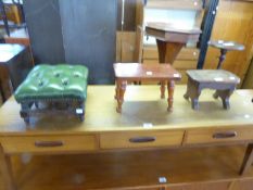 SMALL ANTIQUE ELM STOOL, ANOTHER FOOTSTOOL WITH LEATHER BUTTONED TOP AND ANOTHER SMALL STOOL (3)