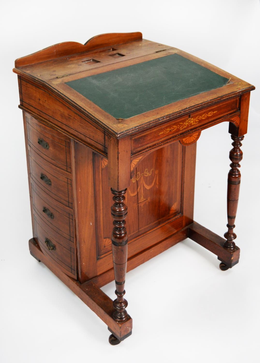 LATE NINETEENTH CENTURY INLAID WALNUT DAVENPORT DESK, with pen tray and cut outs for a pair of