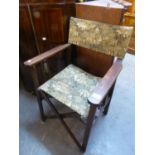 STAINED WOOD FOLDING DIRECTORS CHAIR, HAVING PICTORIAL TAPESTRY COVERS TO SEAT AND BACK-REST