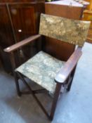 STAINED WOOD FOLDING DIRECTORS CHAIR, HAVING PICTORIAL TAPESTRY COVERS TO SEAT AND BACK-REST
