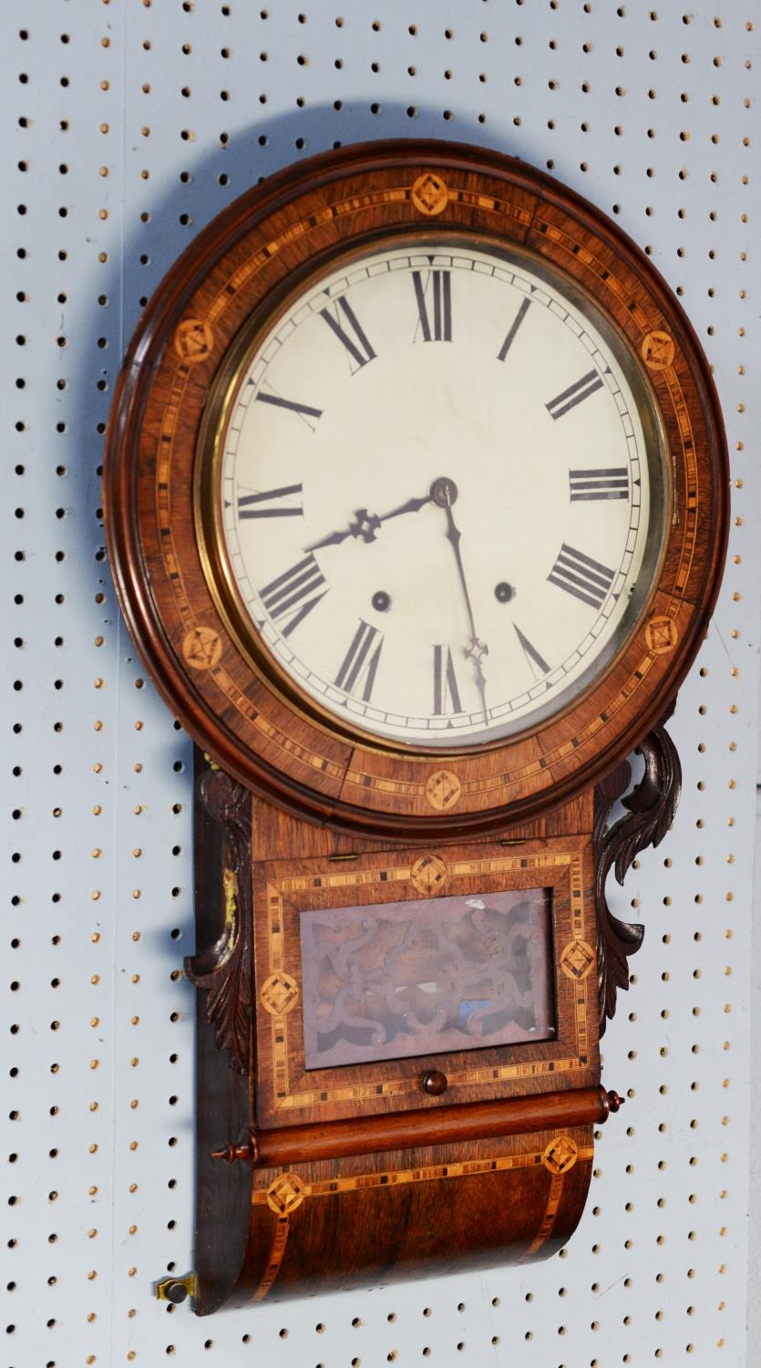 LATE NINETEENTH CENTURY LINE INLAID ROSEWOOD DROP DIAL WALL CLOCK, with 11 ½” enamelled Roman dial - Image 2 of 2