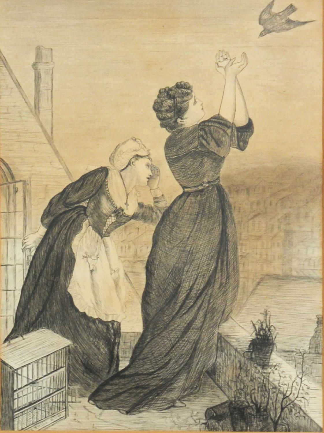 19th CENTURY ENGLISH SCHOOL PEN AND INK DRAWING Two female figures on a roof top and a returning - Image 2 of 6