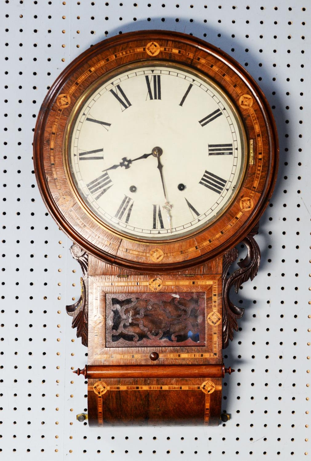 LATE NINETEENTH CENTURY LINE INLAID ROSEWOOD DROP DIAL WALL CLOCK, with 11 ½” enamelled Roman dial
