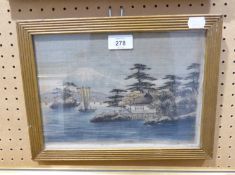 JAPANESE PAINTING ON FABRIC, MOUNT FUJI WITH BOATS AND ISLANDS IN FOREGROUND, 7 ¾” X 10 ¾”