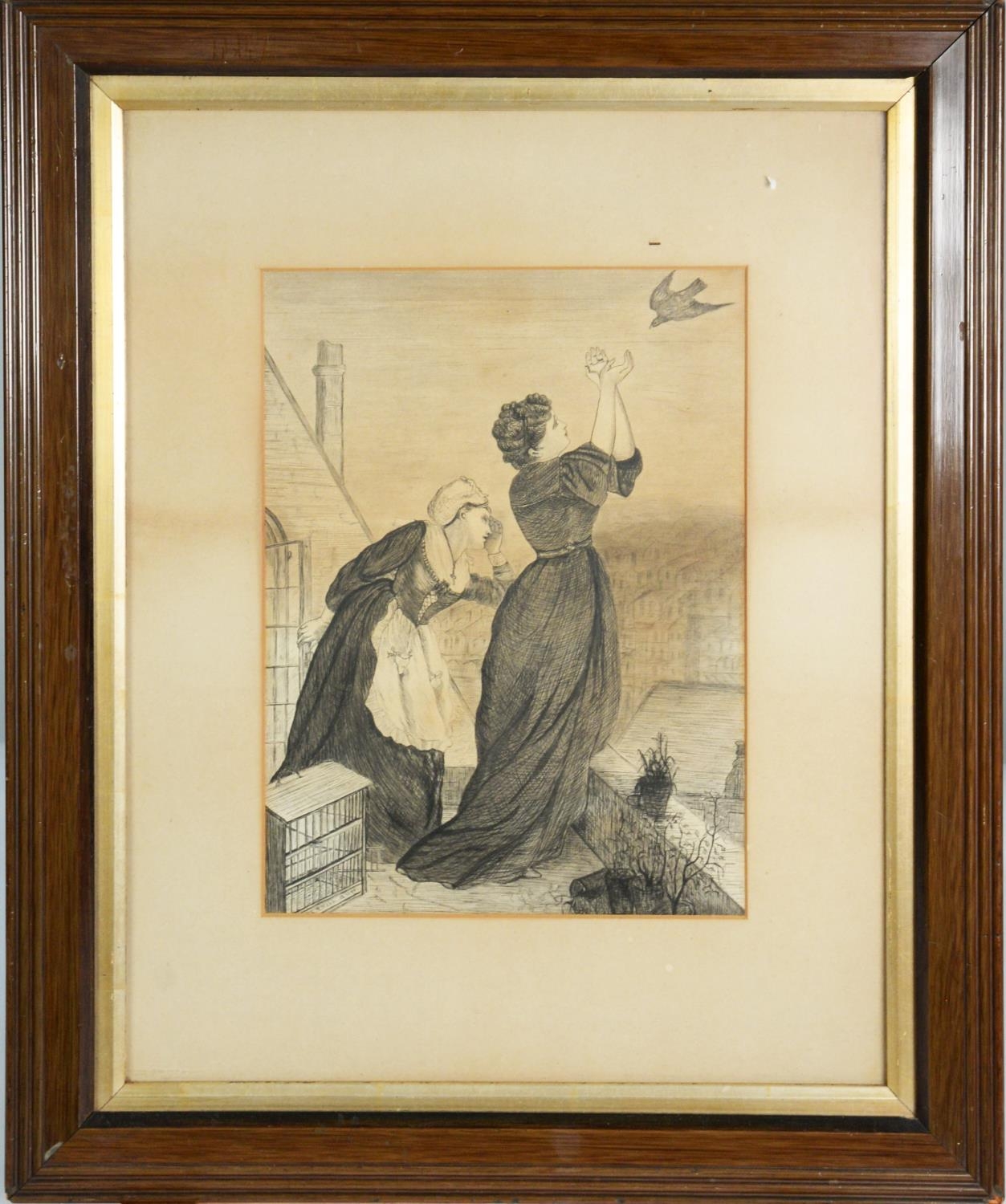19th CENTURY ENGLISH SCHOOL PEN AND INK DRAWING Two female figures on a roof top and a returning - Image 6 of 6