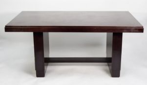 SIX PIECE LATE ART DECO DARK MAHOGANY STAINED DINING ROOM SUITE, comprising: DINING TABLE, with