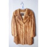 LADY'S LIGHT BROWN 3/4 LENGTH FUR COAT, with revered collar, hook fastening, single breasted front