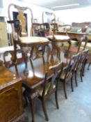 A BURR WALNUT QUEEN ANNE STYLE DINING ROOM SUITE OF EIGHT PIECES, TO INCLUDE; A LARGE DINING