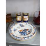 TWO LATE NINETEENTH CENTURY CHINESE PORCELAIN PLATES AND A PAIR OF NORITAKE VASES, PRINTED WITH