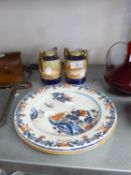 TWO LATE NINETEENTH CENTURY CHINESE PORCELAIN PLATES AND A PAIR OF NORITAKE VASES, PRINTED WITH