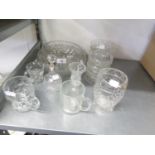 TWO HEAVY CUT GLASS FRUIT BOWLS; A SET OF SIX CUT GLASS SUNDAE DISHES; A CUT GLASS VINEGAR BOTTLE