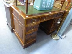 A YEW WOOD ENGLISH PEDESTAL DESK WITH LIFT-OFF TOP WITH THREE DRAWERS ON TWO PEDESTALS WITH ONE DEEP