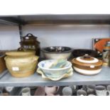 VARIOUS ITEMS OF STUDIO POTTERY TO INCLUDE; A TWO HANDLE JAR AND COVER, A LARGE TWO HANDLE TUREEN