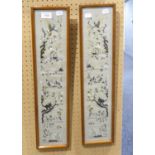 A PAIR OF CHINESE SLEEVE EMBROIDERED PANELS DEPICTING BIRDS ON BOUGHS, 22” X 4 ¾” (2)