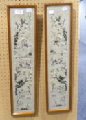 A PAIR OF CHINESE SLEEVE EMBROIDERED PANELS DEPICTING BIRDS ON BOUGHS, 22” X 4 ¾” (2)