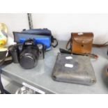 CANON EOS 1000 WITH LENS AND CASE, AND TWO EARLIER CAMERAS TO INCLUDE; AGFA AND A BROWN TLR (3)