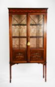 EDWARDIAN LINE INLAID AND PAINTED MAHOGANY DISPLAY CABINET, the moulded cornice set above a frieze