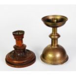LATE 19TH CENTURY OAK GOTHIC PRICKET CANDLESTICK, plus an ecclesiastic example in brass, the brass
