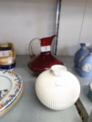 ROYAL COPENHAGEN RIBBED WHITE STUDIO VASE AND A CRANBERRY JUG (2)