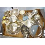 A SELECTION OF PLATED ITEMS TO INCLUDE; TWO TRAYS, FOUR PIECE TEA AND COFFEE SERVICE, GOBLETS,