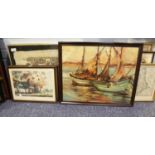 TWO EGYPTIAN PAINTINGS ON PAPYRUS, AN OIL PAINTING, FISHING BOATS AND TWO HUNTING PRINTS  (5)