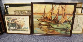 TWO EGYPTIAN PAINTINGS ON PAPYRUS, AN OIL PAINTING, FISHING BOATS AND TWO HUNTING PRINTS  (5)
