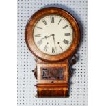 LATE NINETEENTH CENTURY LINE INLAID ROSEWOOD DROP DIAL WALL CLOCK, with 11 ½” enamelled Roman dial