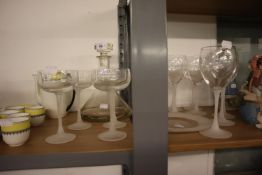 A 14 PIECE SUITE OF CLEAR AND FROSTED GLASSWARES. TOGETHER WITH A SHIPS DECANTER (15)