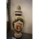 A LARGE VICTORIAN PINK OPAQUE GLASS VASE AND DOMED COVER, PRINTED AND PAINTED WITH FIGURES IN A
