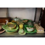 A SELECTION OF CARLTON WARE AND SIMILAR LEAF MOULDED ITEMS AND A SMALL SELECTION OF GLASSWARES