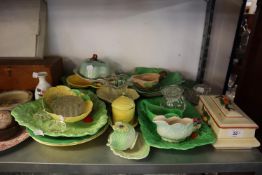 A SELECTION OF CARLTON WARE AND SIMILAR LEAF MOULDED ITEMS AND A SMALL SELECTION OF GLASSWARES