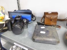 CANON EOS 1000 WITH LENS AND CASE, AND TWO EARLIER CAMERAS TO INCLUDE; AGFA AND A BROWN TLR (3)