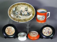 FOUR VICTORIAN PRATT WARE POTTERY POT LIDS, comprising: TWO WITH BASES and TWO IN EBONISED WOOD