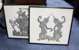 THREE THAI TEMPLE RUBBINGS Two of figures in traditional dress Figures with ceremonial elephant
