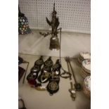 A VINTAGE BRASS MONASTERY WALL HANGING BELL, 3 OLD HORSE LEATHER STRAP WALL HANGINGS WITH VARIOUS