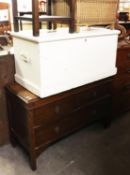 A PINE WHITE PAINTED BEDDING BOX, WITH SIDE HANDLES AND AN OAK LOW 2 SHORT OVER 1 LONG DRAWER (A.F.)